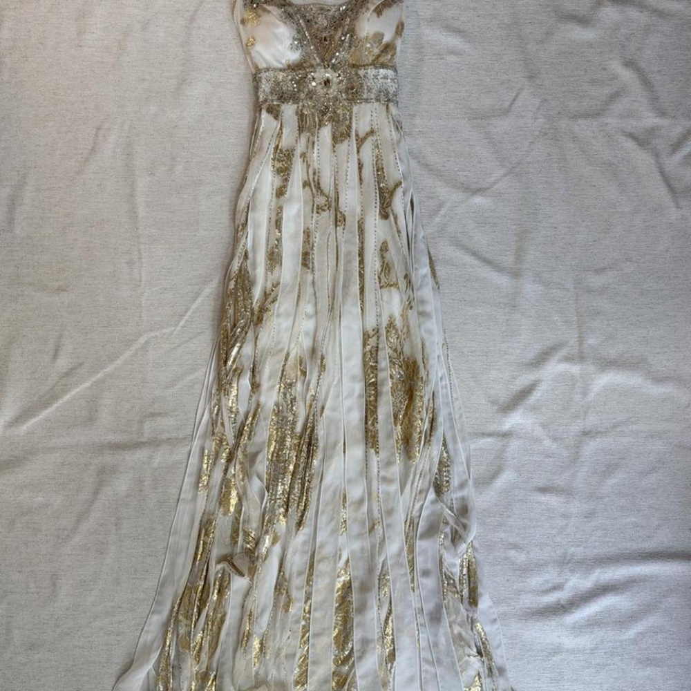 Sue Wong White Gown with Gold Metallic Accents